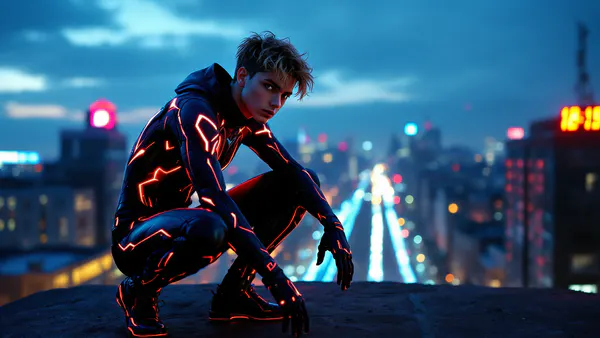 A young hero in a sleek black-and-red armored suit poised against an urban skyline, embodying the next generation of web-slinging vigilance.