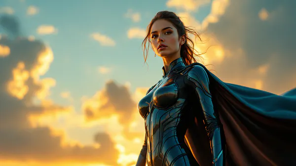 A powerful young woman in a flowing cape and futuristic armor stands heroically against a dramatic sky, embodying strength and hope.