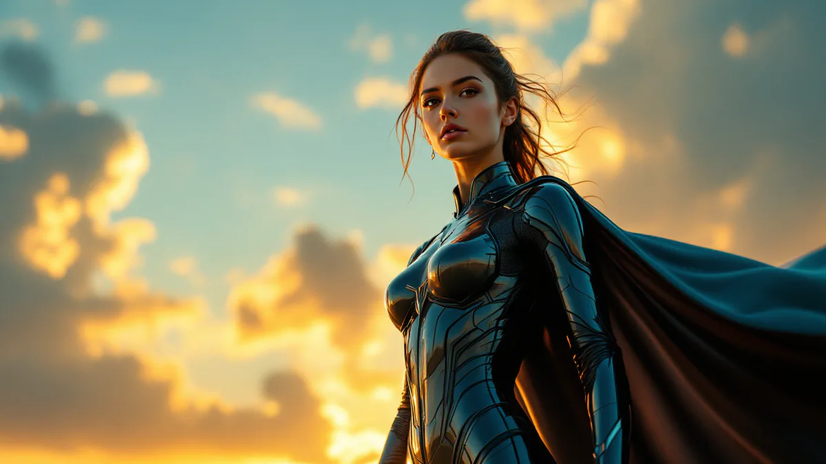 A powerful young woman in a flowing cape and futuristic armor stands heroically against a dramatic sky, embodying strength and hope.