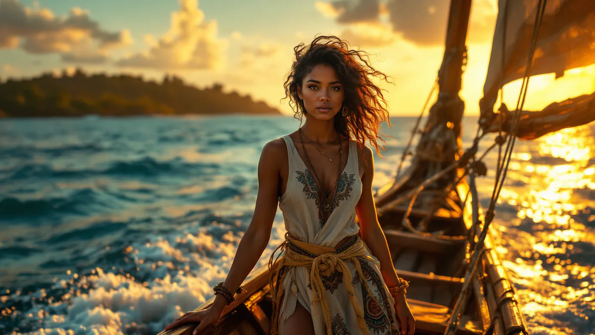 A radiant Polynesian-inspired ocean voyager stands at the bow of a traditional outrigger canoe, gazing toward a mystical horizon where ocean meets sky in golden light.