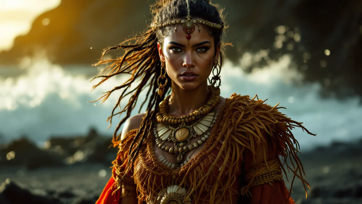 A strong-jawed woman in traditional Pacific Islander warrior attire stands against a dramatic ocean backdrop, framed by volcanic rock and tropical mist.