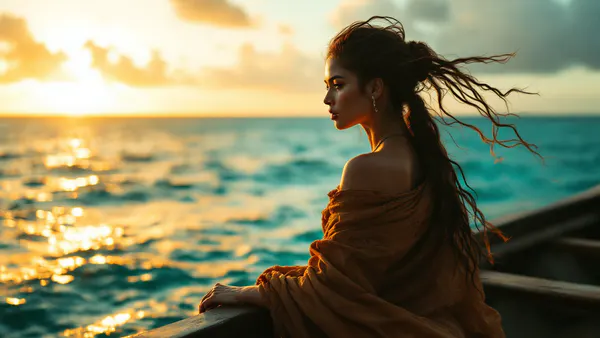 A bold, ocean-swept figure stands at the bow of a traditional outrigger canoe, gazing toward a luminous horizon where sky meets sea.