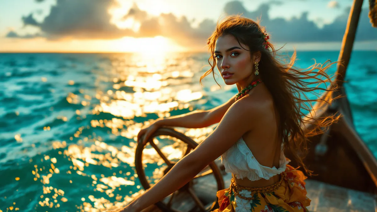 A strong Polynesian woman stands at the bow of a traditional outrigger canoe, gazing toward a luminous ocean horizon at golden hour.