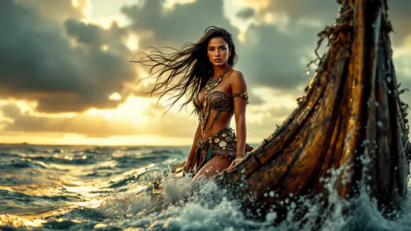 A powerful Polynesian-inspired warrior woman stands on a storm-tossed ocean, gazing toward a distant island horizon with determination and ancestral strength.