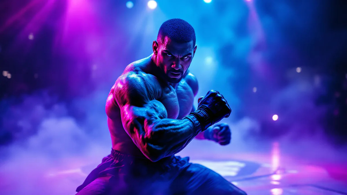 A battle-ready martial artist in neon-soaked arena lighting, poised for combat with fierce intensity and cinematic gravitas.