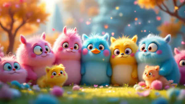 A vibrant collection of whimsical creature characters gathered together in a magical, colorful world, ready for voice casting.