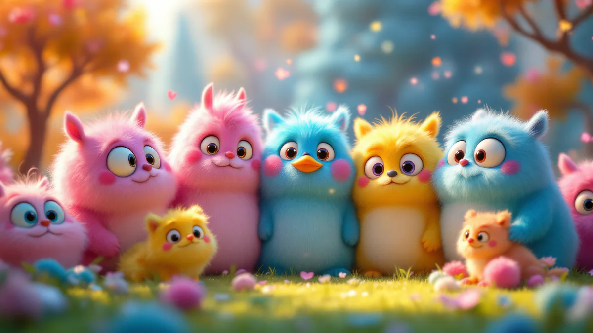 A vibrant collection of whimsical creature characters gathered together in a magical, colorful world, ready for voice casting.