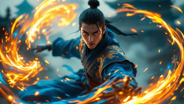 A young ninja warrior in traditional Japanese-inspired armor stands ready for battle, surrounded by swirling energy and mist, embodying the spirit of a live-action anime adaptation.