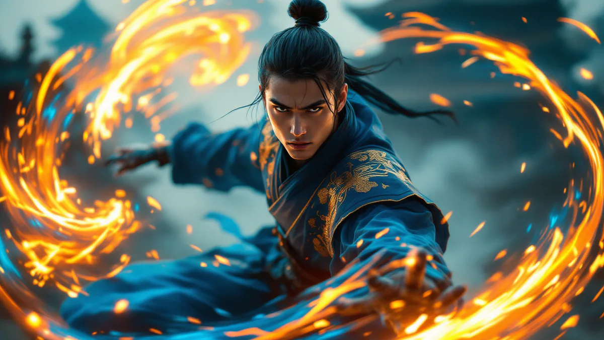 A young ninja warrior in traditional Japanese-inspired armor stands ready for battle, surrounded by swirling energy and mist, embodying the spirit of a live-action anime adaptation.