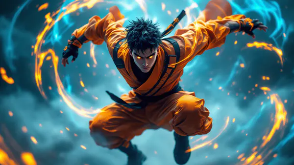A young ninja warrior in orange and black stands ready for battle, with mystical energy swirling around him in a dramatic action pose.