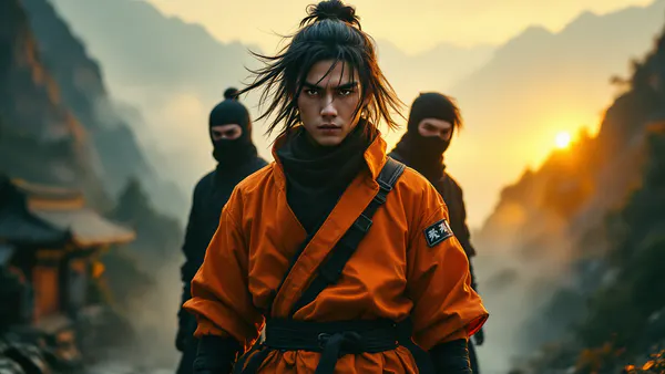 A young ninja warrior in orange and black stands center-frame with a determined expression, flanked by silhouetted figures in dark tactical gear, all set against a moody Japanese mountain landscape at dusk.