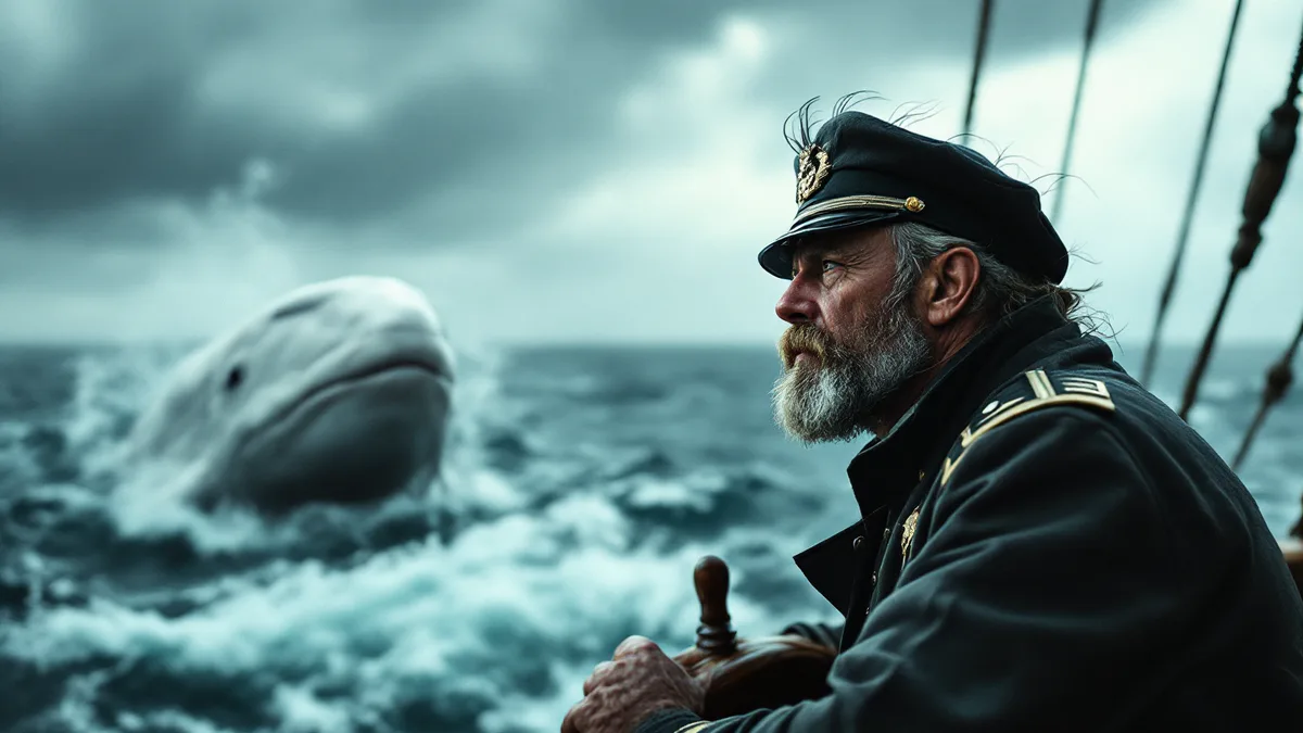 A weathered sea captain stands at the helm of a ship, gazing toward a distant white whale cutting through stormy waters, embodying obsession and maritime drama.