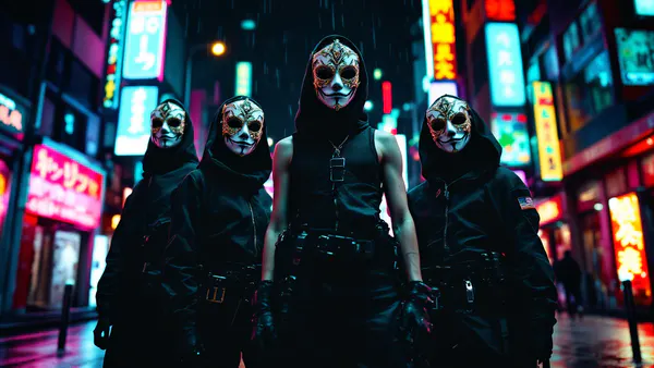 A stylish ensemble of masked vigilantes in modern Tokyo, poised for a heist, bathed in neon and shadow.