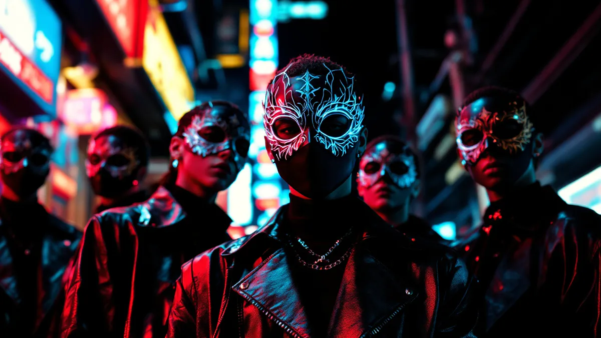 A stylish ensemble of masked rebels in modern urban setting, embodying a Japanese supernatural heist aesthetic with dramatic lighting and high-fashion energy.