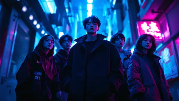 A stylish ensemble of diverse young adults in modern Tokyo streetwear, posed dramatically with neon-lit urban geometry and anime-inspired color grading.