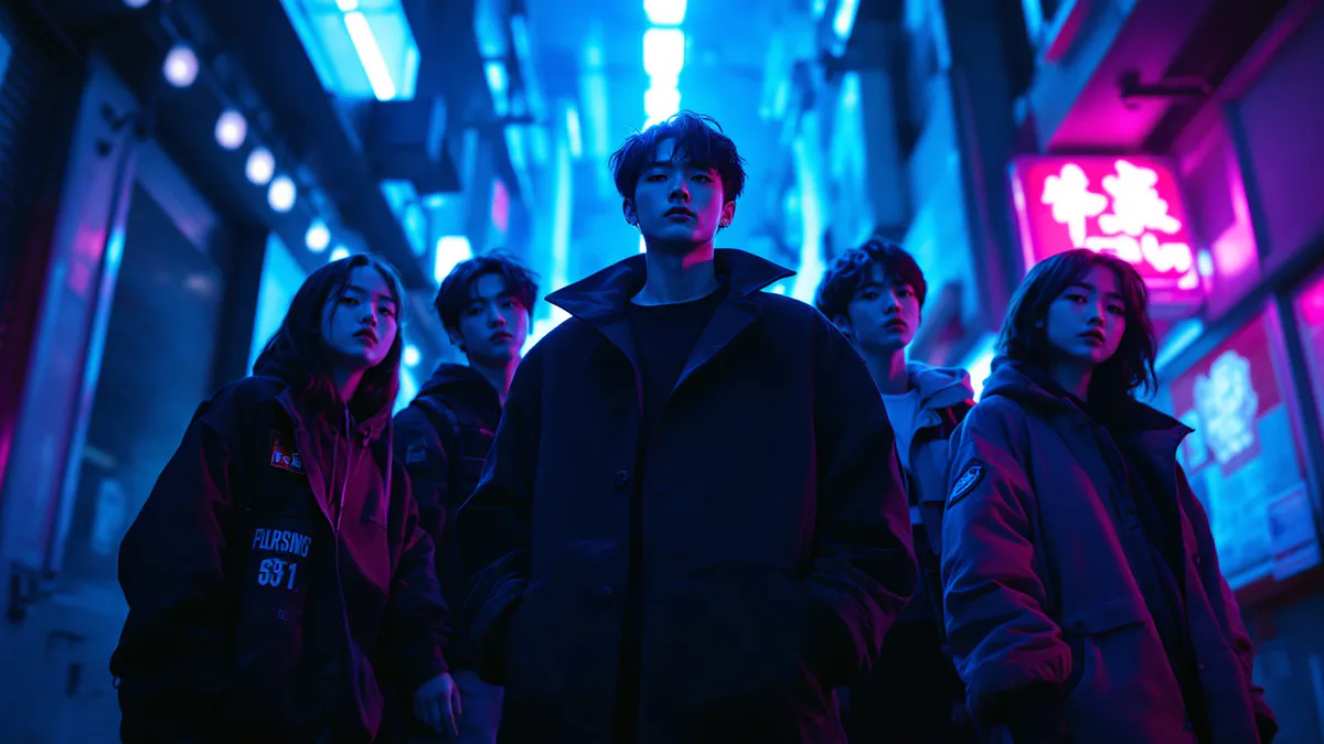 A stylish ensemble of diverse young adults in modern Tokyo streetwear, posed dramatically with neon-lit urban geometry and anime-inspired color grading.