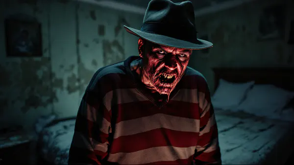 A scarred, menacing figure in a dimly lit bedroom, embodying modern horror and psychological terror.
