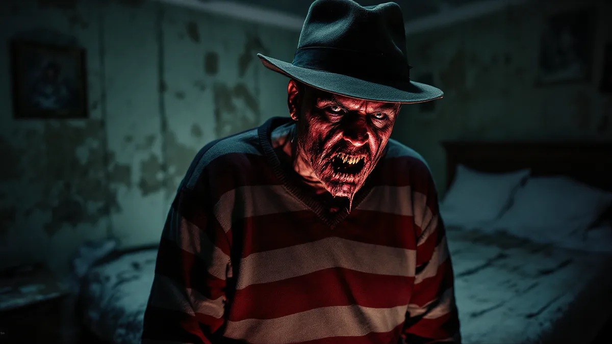A scarred, menacing figure in a dimly lit bedroom, embodying modern horror and psychological terror.