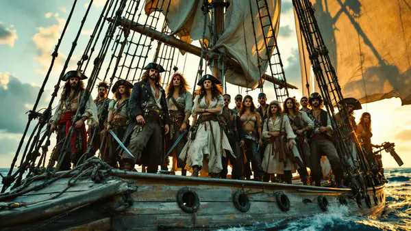 A diverse pirate crew assembles on a ship's deck, ready for adventure on the high seas.