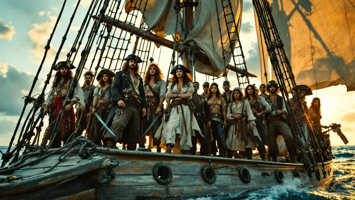 A diverse pirate crew assembles on a ship's deck, ready for adventure on the high seas.