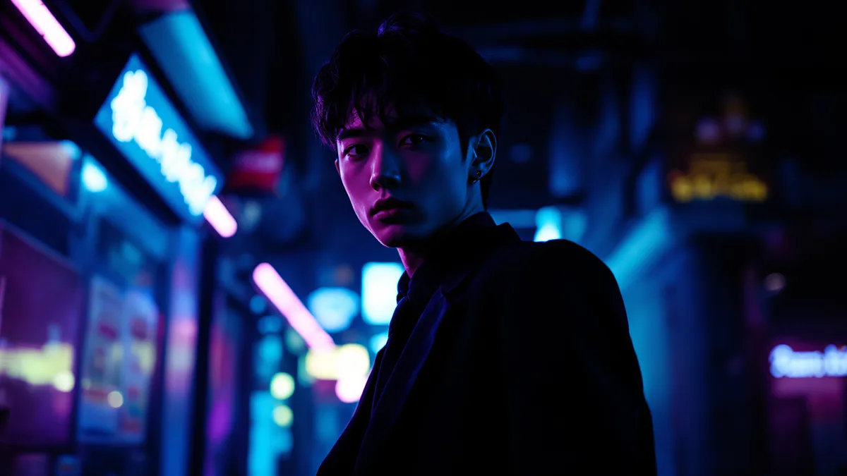 A stylish young anti-hero in a dark school uniform stands amid neon-lit shadows, embodying rebellious teenage mystique and supernatural intrigue.