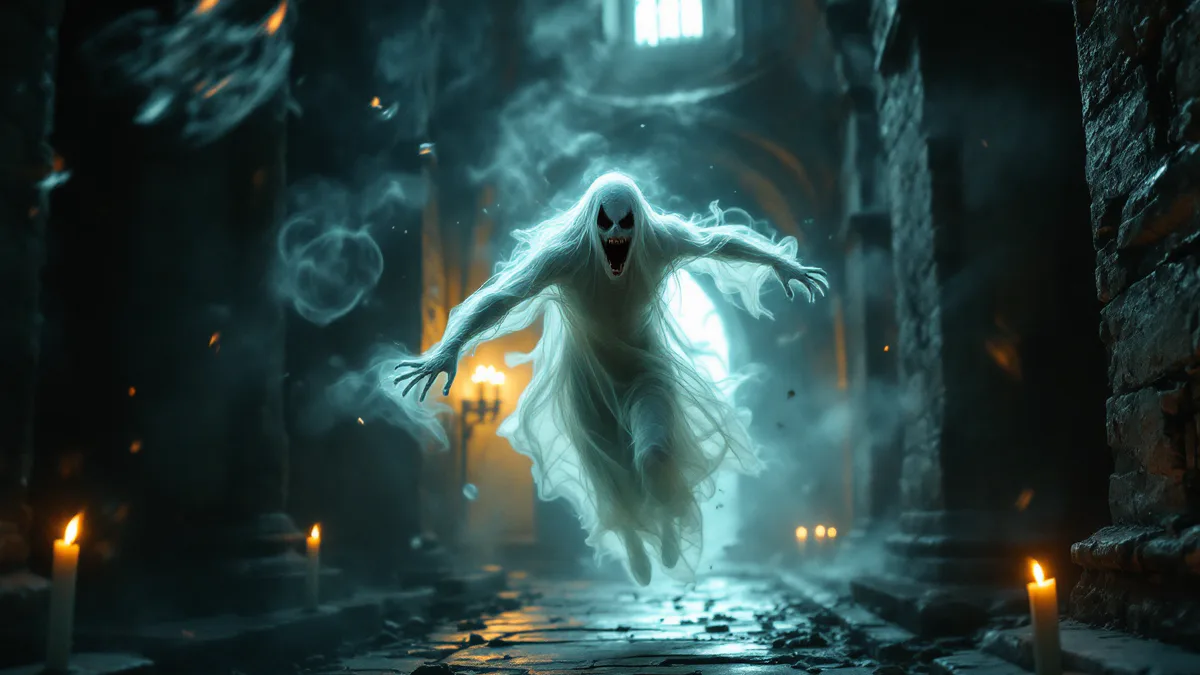 A mischievous spectral figure hovers in a dimly lit gothic castle corridor, embodying chaotic magical energy and comedic menace.