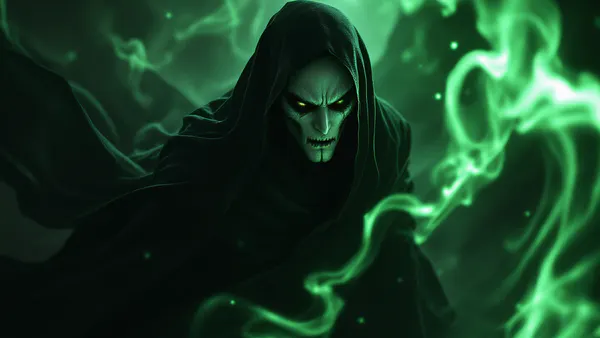 A sinister, pale-skinned villain with sharp features and an air of dark authority, posed against moody magical atmosphere.