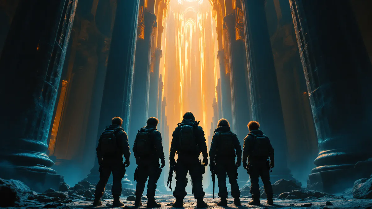 An ensemble of battle-worn survivors in a sprawling gothic-industrial fortress, lit by firelight and shadow, evoking epic fantasy scale.