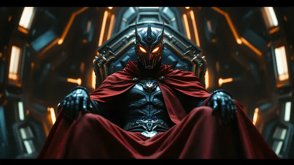 A sophisticated villain in an ornate metal mask and crimson cloak commands a futuristic throne room, embodying calculated menace and aristocratic power.