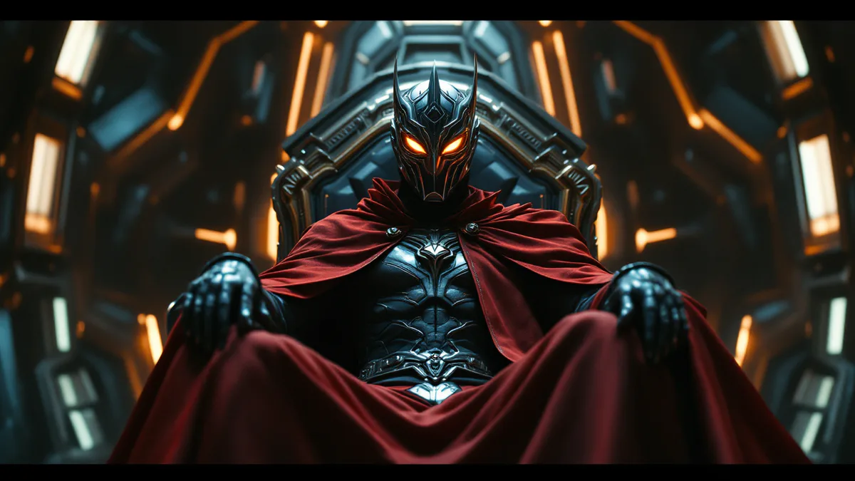 A sophisticated villain in an ornate metal mask and crimson cloak commands a futuristic throne room, embodying calculated menace and aristocratic power.