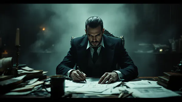 A shadowy Victorian-era criminal mastermind in a dimly lit study, surrounded by schemes and dark intelligence, poised as the protagonist of his own dark narrative.