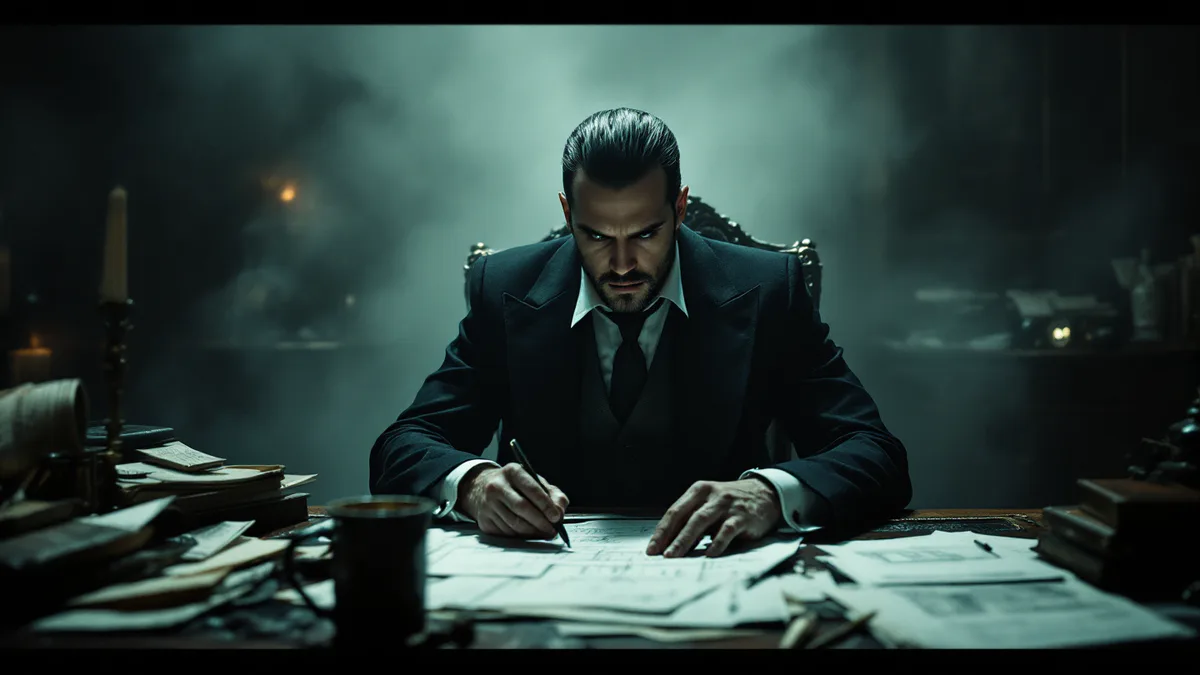 A shadowy Victorian-era criminal mastermind in a dimly lit study, surrounded by schemes and dark intelligence, poised as the protagonist of his own dark narrative.