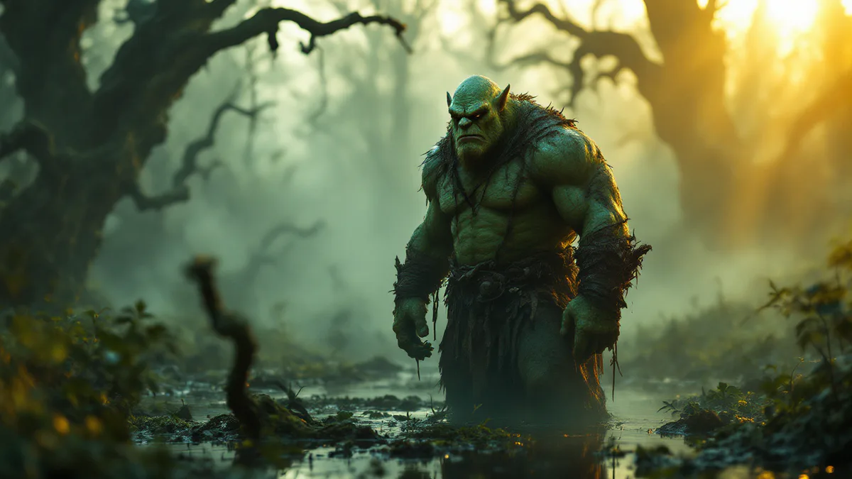 A swamp-dwelling antihero ogre character stands defiant in a misty, moss-covered landscape, ready for their own epic adventure.