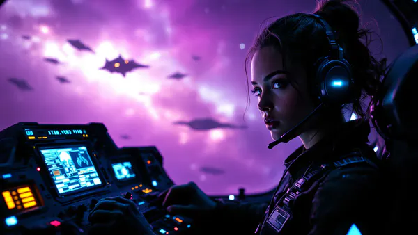 A determined young pilot in a sleek fighter cockpit, bathed in blue neon light, gazing upward at an alien sky filled with enemy ships.
