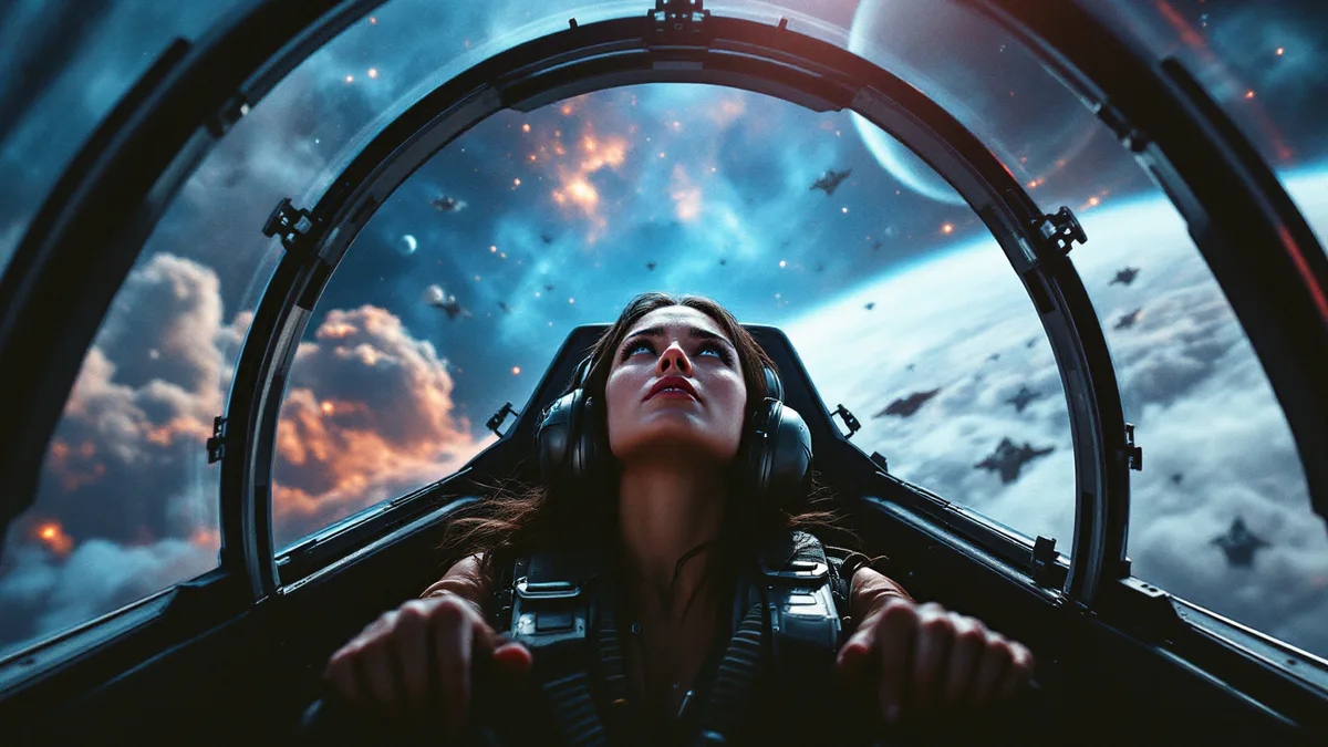 A determined young pilot in a sleek fighter cockpit, gazing upward through the canopy at an alien sky filled with enemy ships and cosmic wonder.
