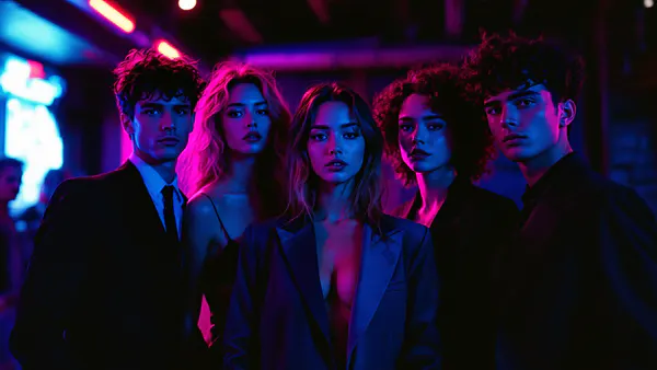 A stylish ensemble of young professionals in 1980s-inspired fashion, caught in a moment of camaraderie and tension, bathed in neon and practical lighting.