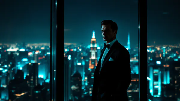A sophisticated spy in an elegant tuxedo, caught between refined charm and dangerous intrigue, embodying unexpected casting choices for iconic espionage roles.