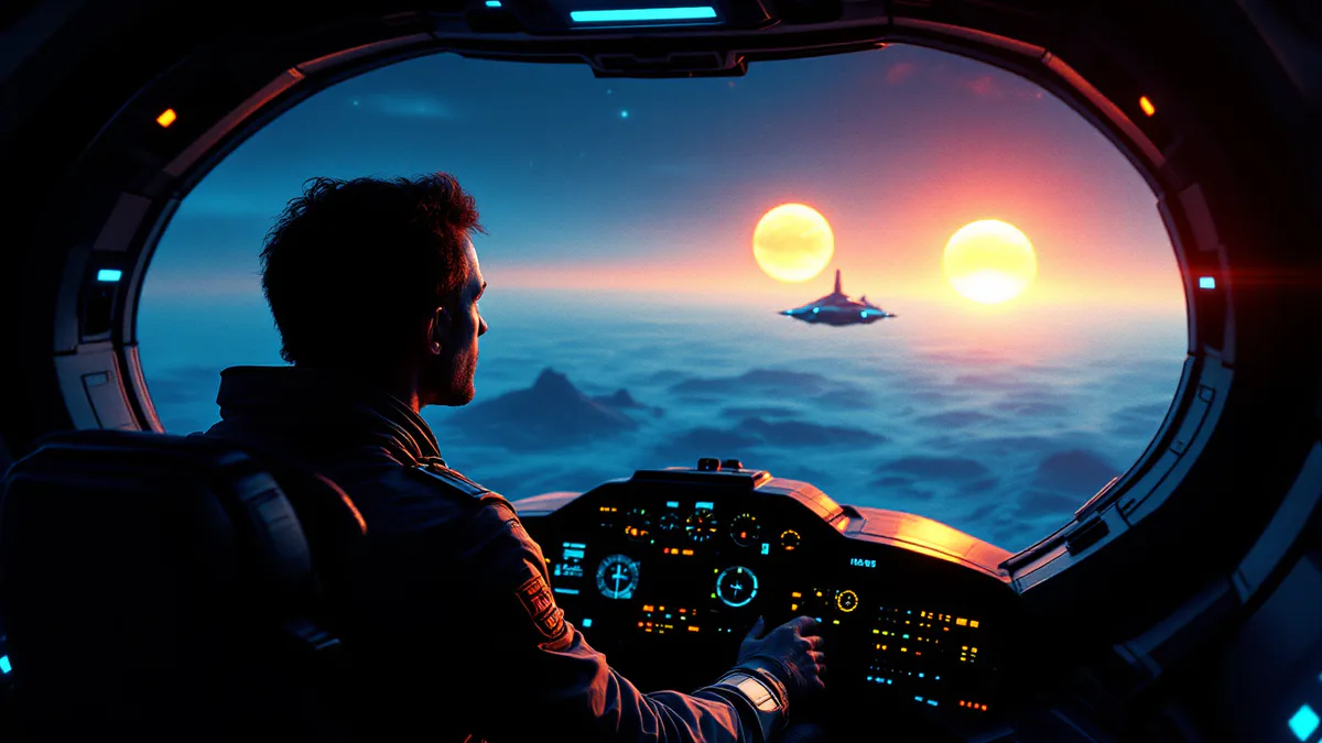 A lone starfighter pilot in a sleek cockpit, silhouetted against twin suns and a distant space station, embodying the classic hero's journey reimagined.