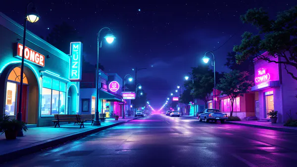 A vibrant animated town square frozen in an eerie, supernatural moment, blending 1980s Americana with otherworldly purple and teal lighting.