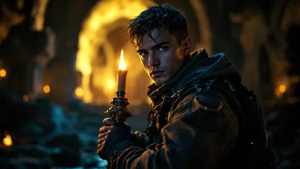 A determined young hunter stands in shadow-drenched gothic ruins, gripping an ancient weapon, ready to face the supernatural darkness ahead.