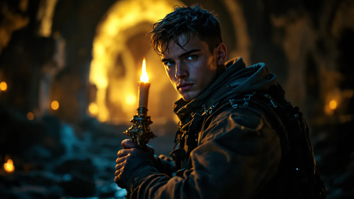 A determined young hunter stands in shadow-drenched gothic ruins, gripping an ancient weapon, ready to face the supernatural darkness ahead.