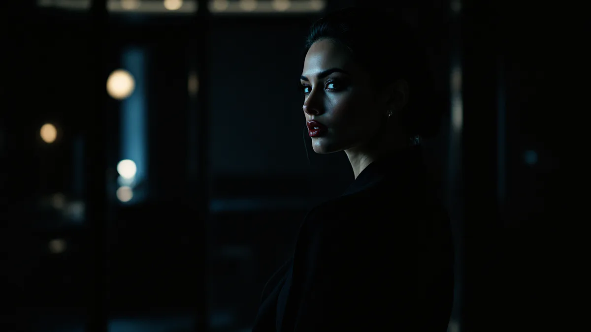 A tense, glamorous thriller protagonist in a moody noir setting, poised at a pivotal moment of suspense.