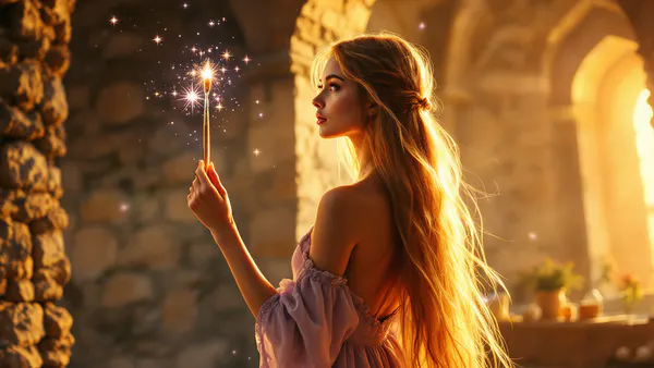 A young woman with long, flowing golden hair stands in a sunlit tower room, holding a glowing magical paintbrush, embodying wonder and defiance.
