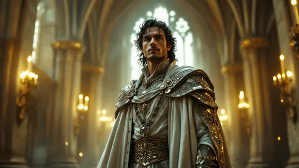 A regal figure in flowing silver robes stands alone in a windswept stone chamber, their expression caught between ambition and doubt, symbolizing a dynasty without its legendary power.