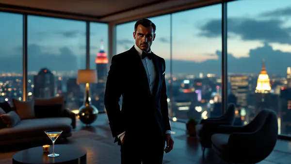 A sophisticated spy in a tuxedo stands confidently in a modernist penthouse, caught between shadow and spotlight, embodying the tension between tradition and reinvention.