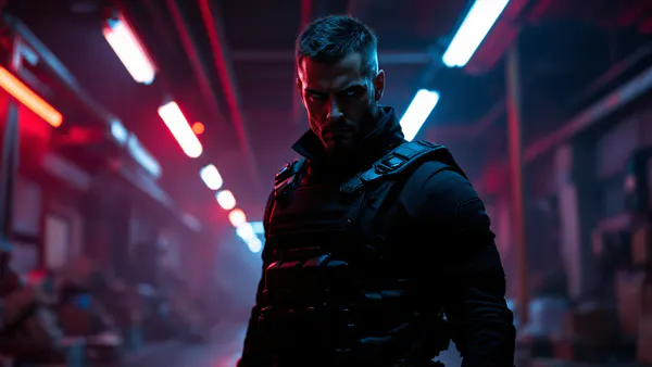 A morally ambiguous superhero in tactical gear stands against a gritty urban backdrop, embodying the dark, satirical tone of contemporary superhero fiction.
