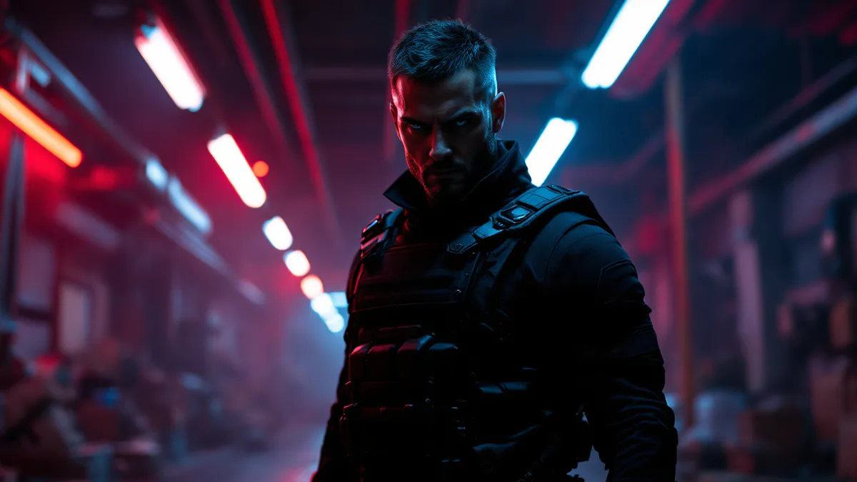 A morally ambiguous superhero in tactical gear stands against a gritty urban backdrop, embodying the dark, satirical tone of contemporary superhero fiction.