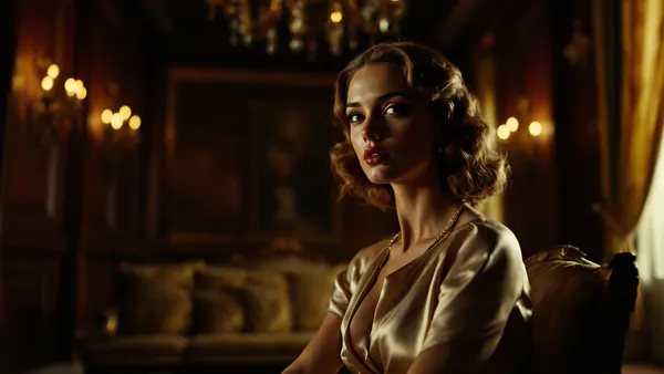 A young woman in 1940s Italian-American formal wear, poised and defiant in a shadowed palatial interior, embodying old-money crime family legacy.