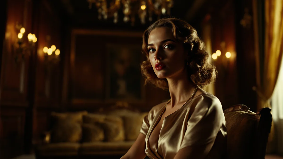 A young woman in 1940s Italian-American formal wear, poised and defiant in a shadowed palatial interior, embodying old-money crime family legacy.