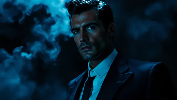 A sophisticated spy in a tailored suit emerges from shadow, embodying timeless espionage elegance and dangerous charm.